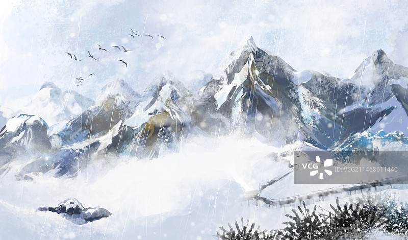 手绘中国风冬天节气水墨山水雪景背景插画图片素材