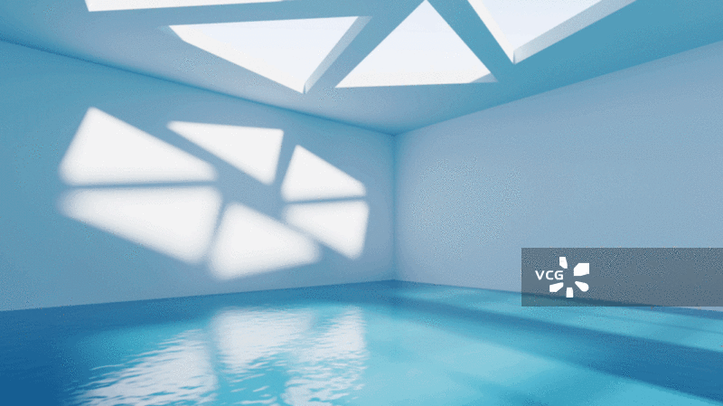 空房间光影变化与水面3D渲染图片素材