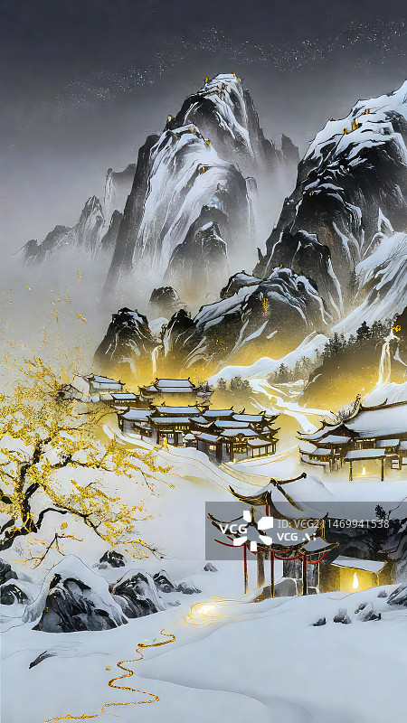 【AI数字艺术】新中式风格绝美山水层次感丰富的山脉国风山水画图片素材