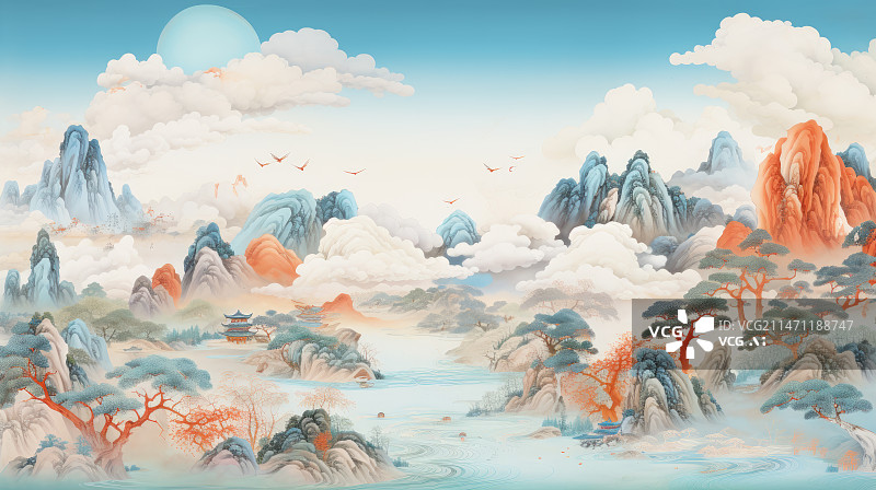 【AI数字艺术】中国画风格山水风景图片素材