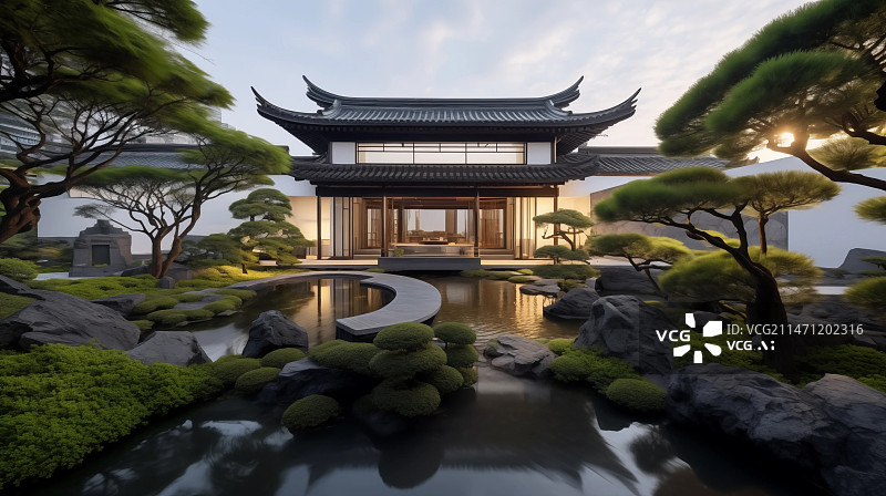 【AI数字艺术】新中式建筑景观设计，中国建筑设计图片素材