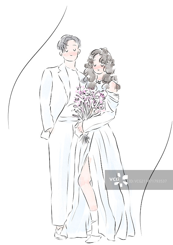 极简风线条淡彩婚礼插画图片素材