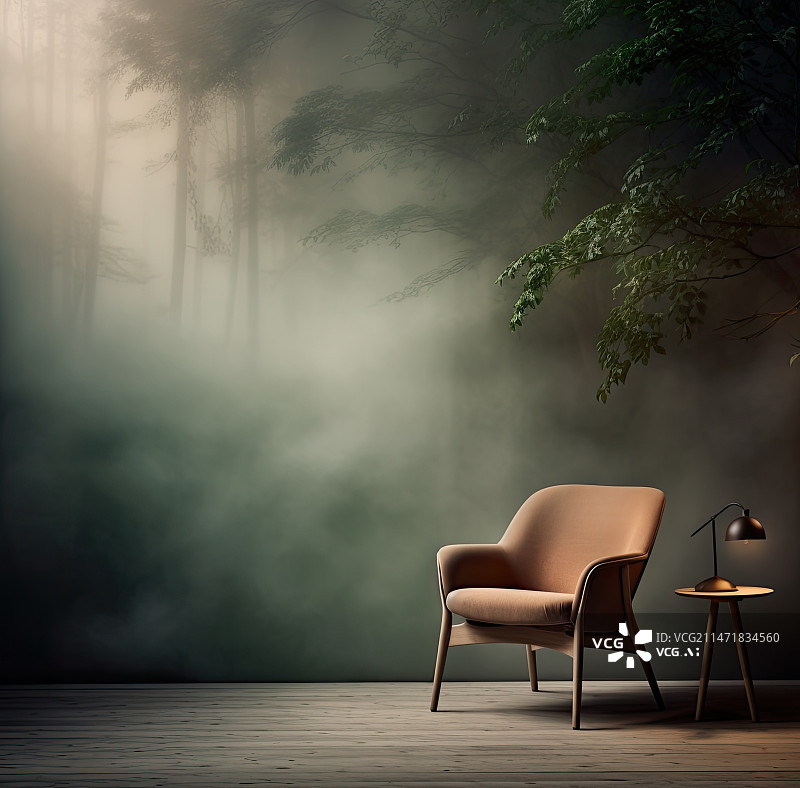 【AI数字艺术】树林中静谧的沙发图片素材