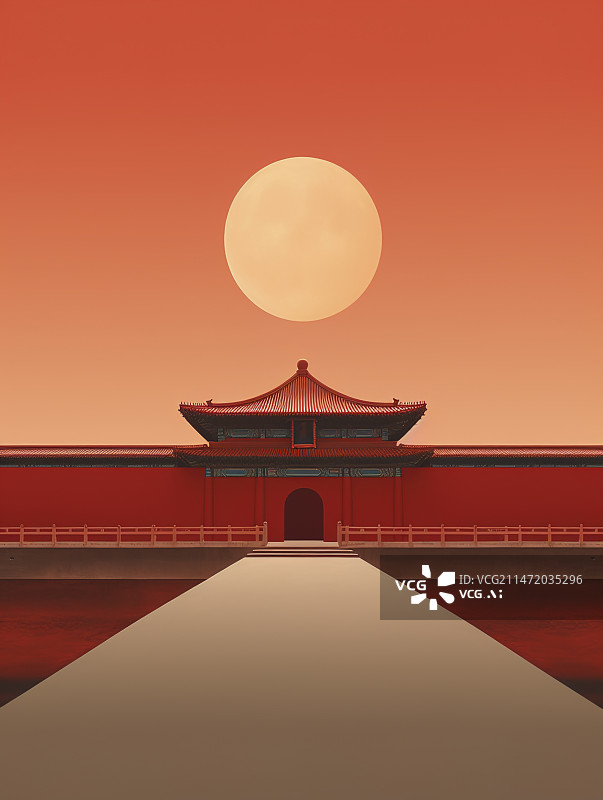 【AI数字艺术】宫廷日落黄昏红色中国风背景图片素材