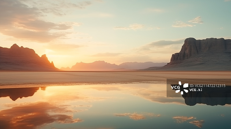 【AI数字艺术】日落时沙漠对天的景色，沙漠湖泊背景图片素材