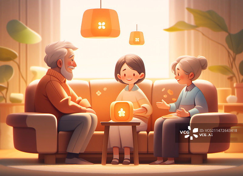 【AI数字艺术】孙女陪爷爷奶奶坐在沙发上聊天敬老插画图片素材