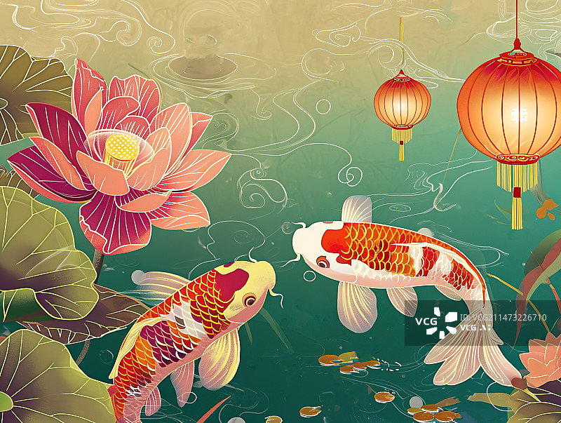【AI数字艺术】荷塘里的锦鲤和节日灯笼插画图片素材