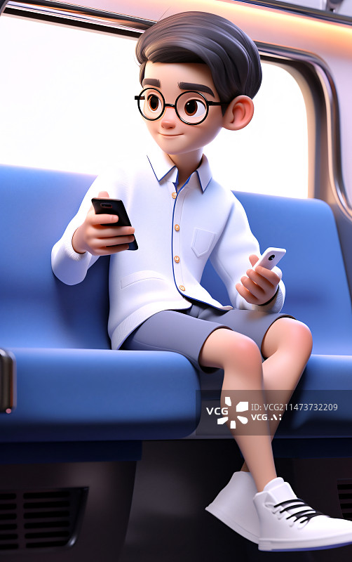 【AI数字艺术】年轻人坐在地铁上玩手机3D插画图片素材