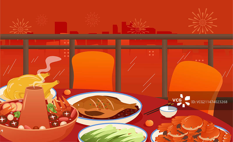 春节除夕年夜饭餐桌插画海报图片素材