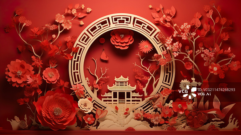 【AI数字艺术】中国传统喜庆衍纸三维剪纸国潮背景图片素材