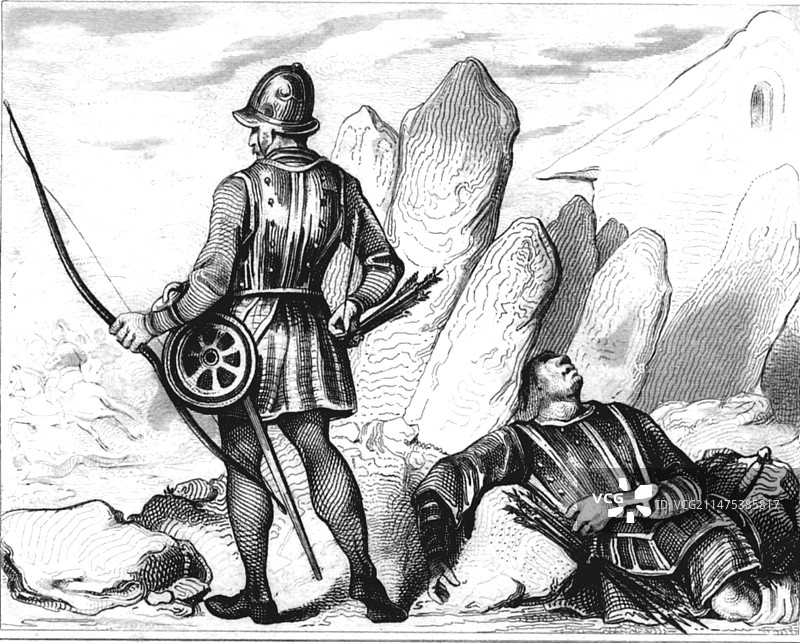 15世纪英国弓箭手，19世纪插画图片素材