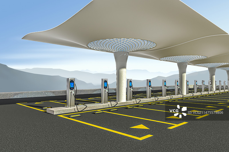 新能源汽车充电桩和停车位，C4D软件制作图片素材