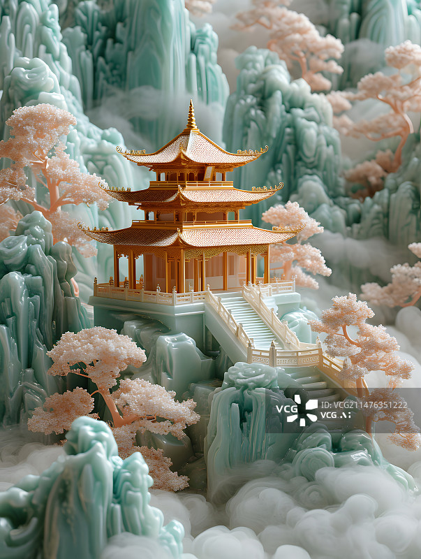 【AI数字艺术】中国文化楼阁仙境玉雕微缩景观图片素材