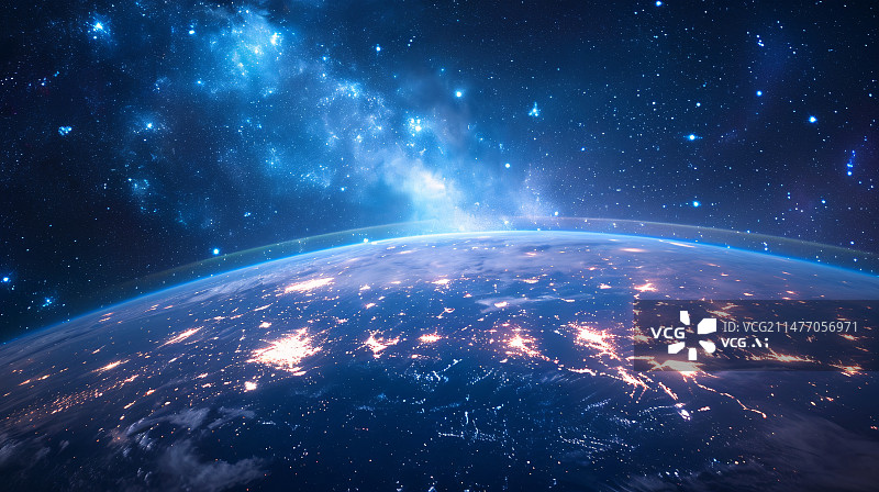 【AI数字艺术】从太空中俯视地球的美丽景象，宇宙太空背景下蓝色的科技感地球图片素材