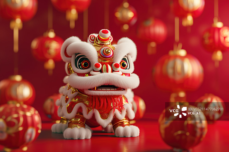 【AI数字艺术】红色背景下的中国传统文化舞狮3D卡通形象图片素材