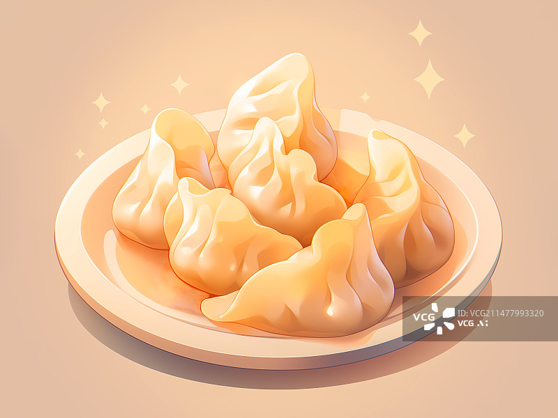 【AI数字艺术】一盘美味的饺子水饺，三维立体卡通风格插画图片素材