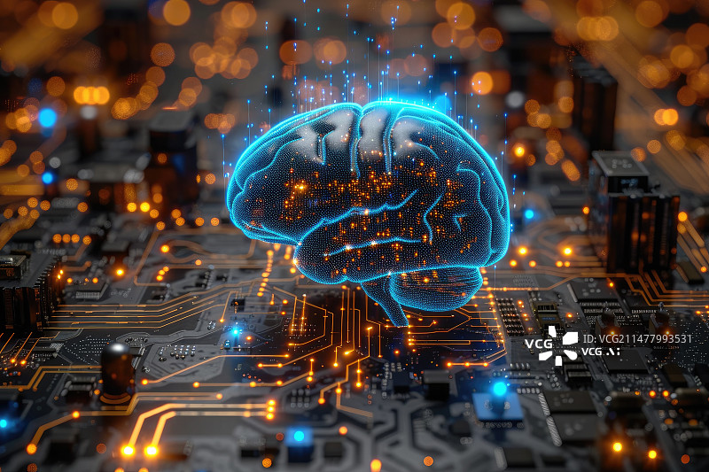 【AI数字艺术】科技光波映射在电路板上的大脑图片素材