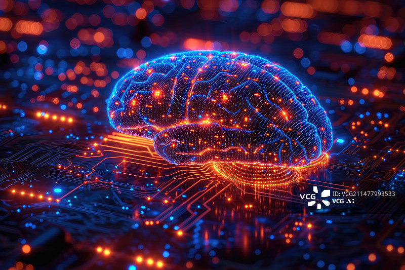 【AI数字艺术】红色光线激活的科技神经网络大脑图片素材
