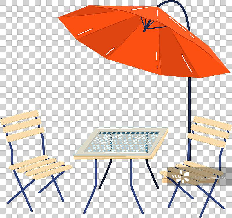 户外露台家具，配有橙色雨伞和图片素材