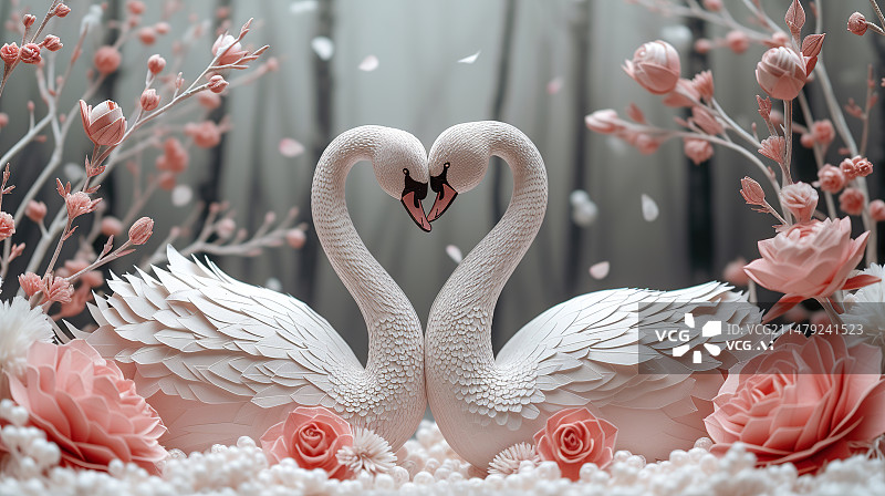 【AI数字艺术】白天鹅爱心情人节唯美剪纸风格图片素材