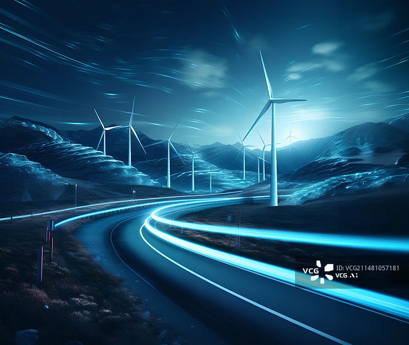 【AI数字艺术】城市道路夜景，风力发电站图片素材