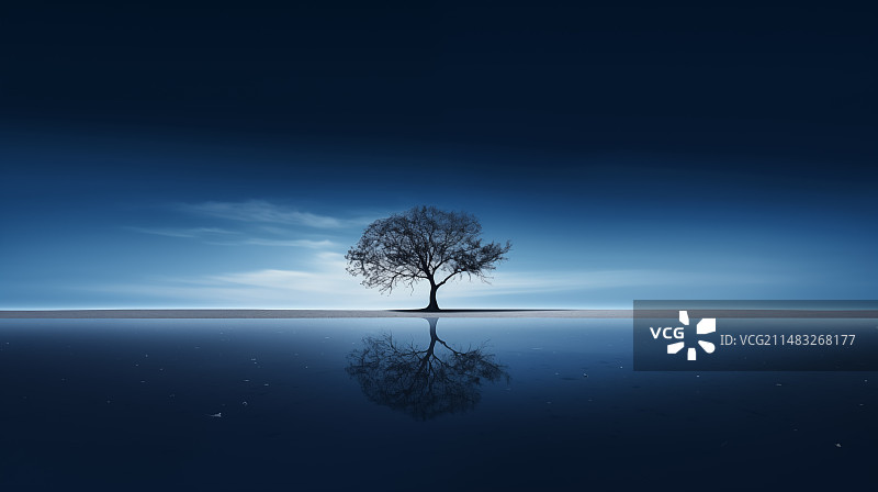 孤树映水静谧蓝天图片素材