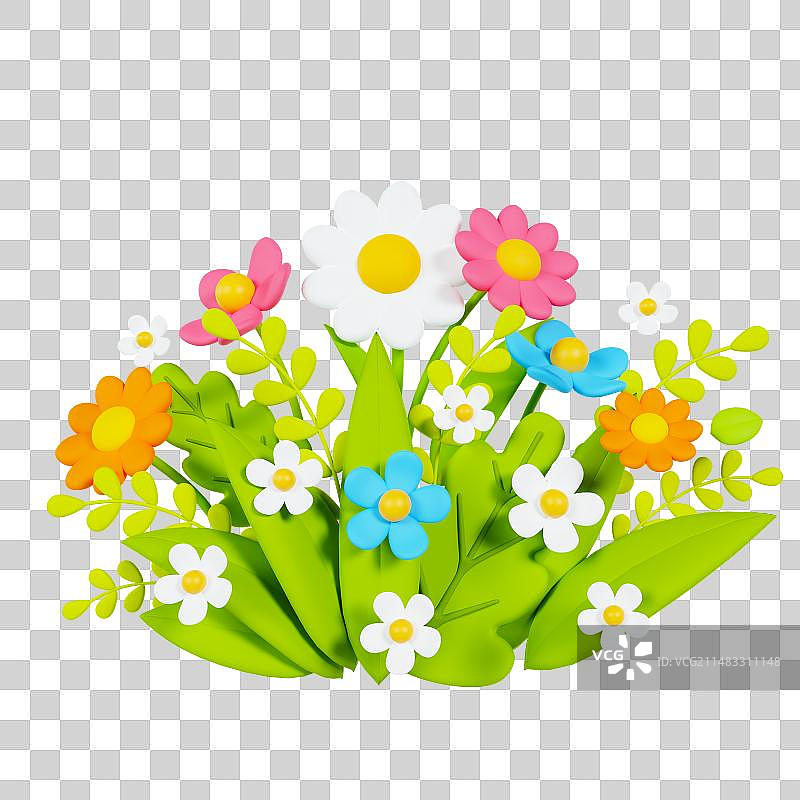 3D渲染的春天绿色植物花丛灌木花朵元素图片素材