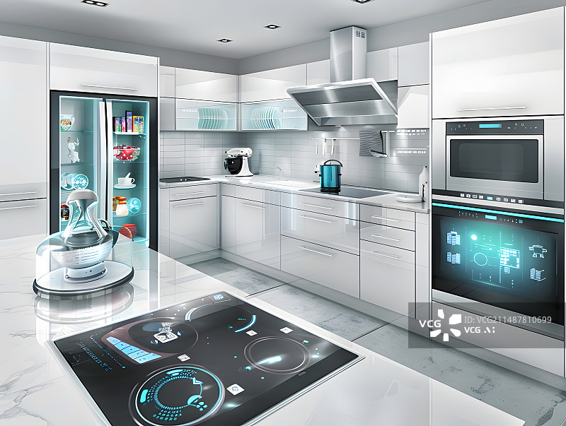 【AI数字艺术】未来简约科技风格厨房智能操控台样板间图片素材