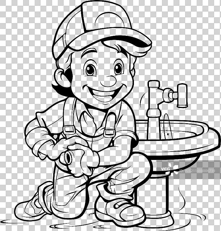 黑白漫画小男孩水管工图片素材
