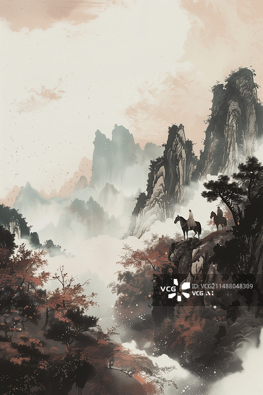 【AI数字艺术】东方画风骑马的古人游山水图片素材