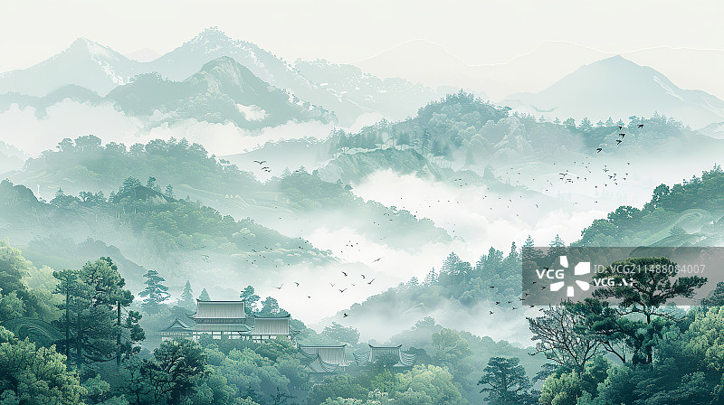 【AI数字艺术】新中式中国风薄雾翠绿色水墨山水画东方意境背景图图片素材