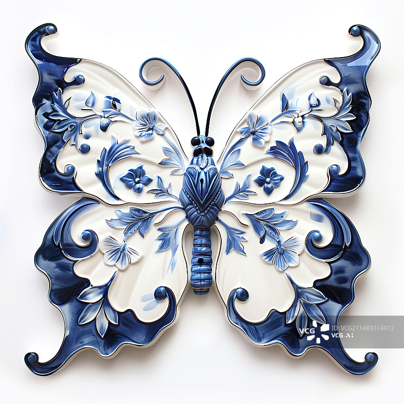 【AI数字艺术】青花瓷材质的蝴蝶图片素材
