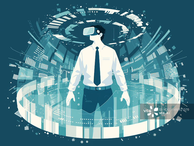 【AI数字艺术】被数据包围的白衬衫男人用VR眼镜进行信息识别插画图片素材