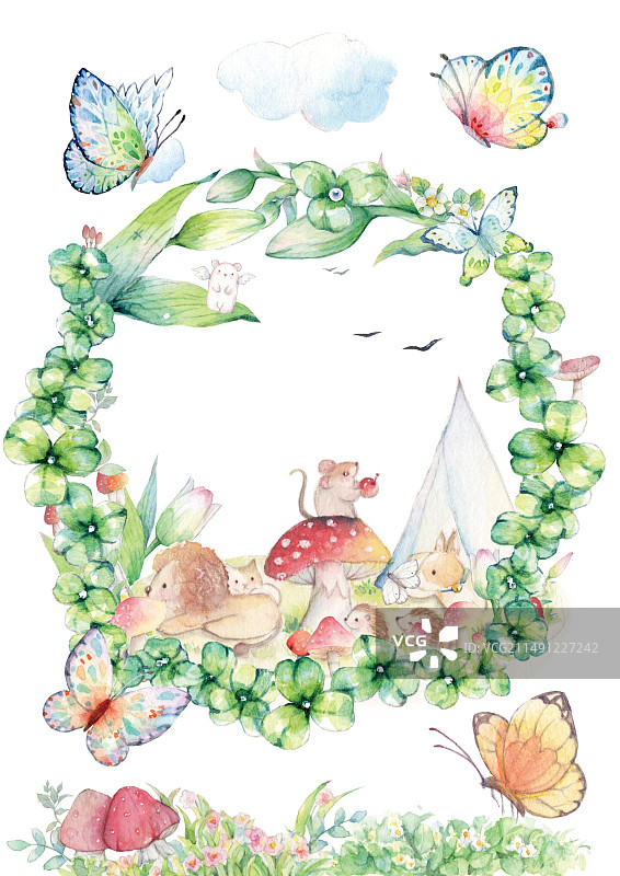 水彩手绘卡爱的儿童童话故事在清新植物花环中快乐的小狮子动物玩耍高角度观察绘本插画图片素材