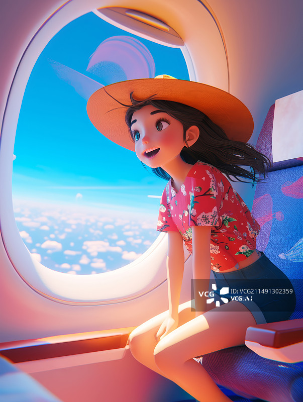 【AI数字艺术】女孩坐在飞机上望着窗外图片素材