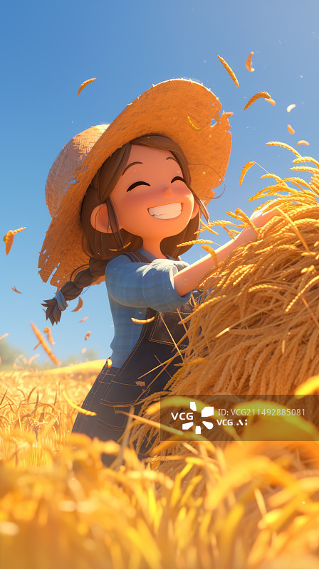 【AI数字艺术】戴着草帽的女孩丰收的喜悦图片素材