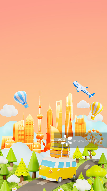 3D立体春天踏春旅行上海城市元素海报背景图片素材