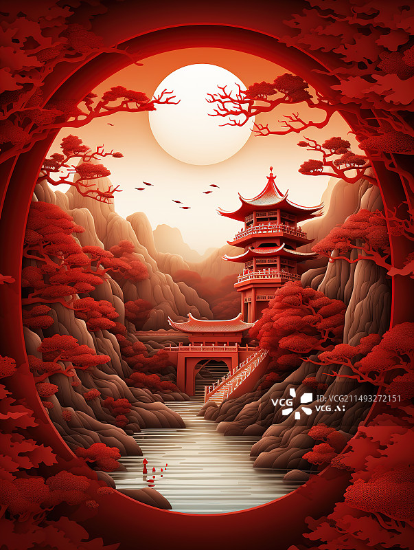 【AI数字艺术】剪纸风格红色背景下的中式传统建筑图片素材