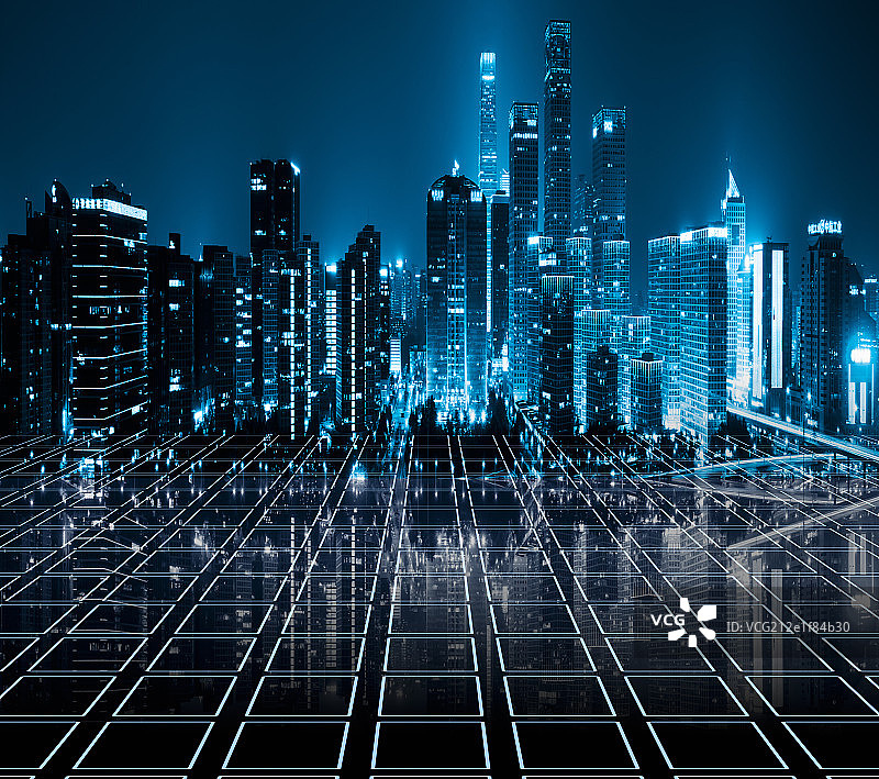 网络科技感和新能源感城市现代摩天大楼夜景特效图片素材