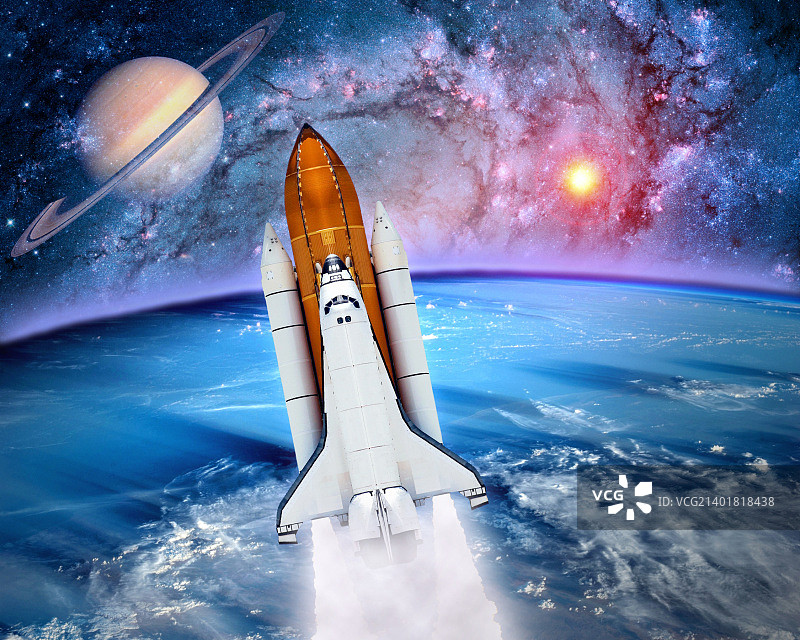 宇宙飞船航天飞机火箭发射宇宙飞船地球土星行星。此图像的元素由图片素材