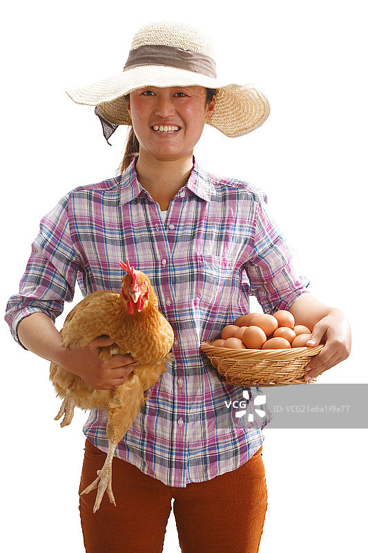 农民拿着一筐鸡蛋和鸡图片素材