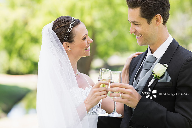 一对浪漫的新婚夫妇在公园里喝香槟图片素材