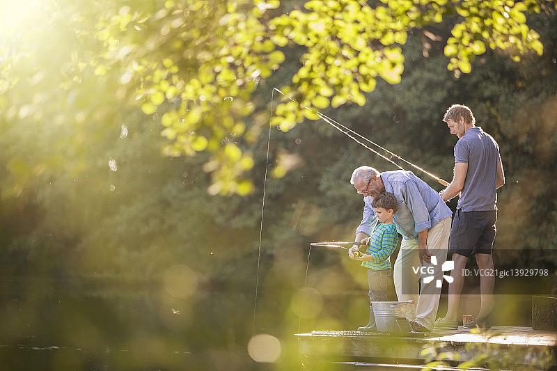男孩，爸爸和爷爷在湖里钓鱼图片素材