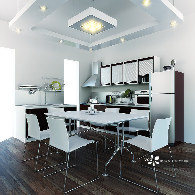 现代厨房内饰与餐厅餐桌渲染(CGI)图片素材