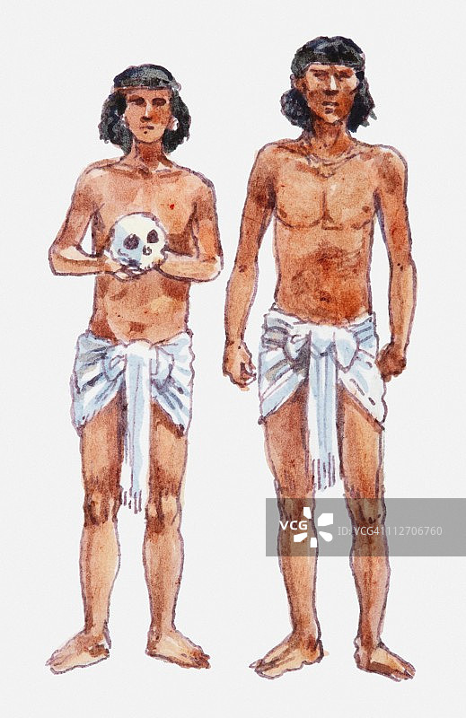 两个阿兹特克奴隶的插图，其中一个拿着一个人的头骨图片素材