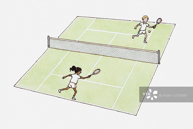 男孩和女孩打网球的插图图片素材