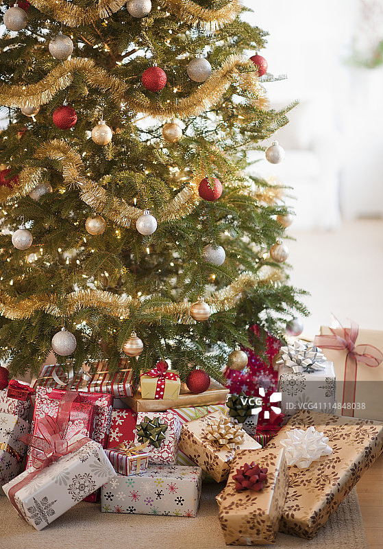 美国，新泽西州，新泽西州市，圣诞树下五颜六色的礼物图片素材