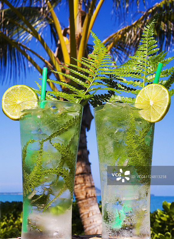热带鸡尾酒配以水果和绿色蕨类叶子在户外设置。图片素材