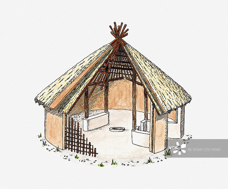 中国陕西半坡早期木质茅草屋顶圆形房屋剖面图图片素材