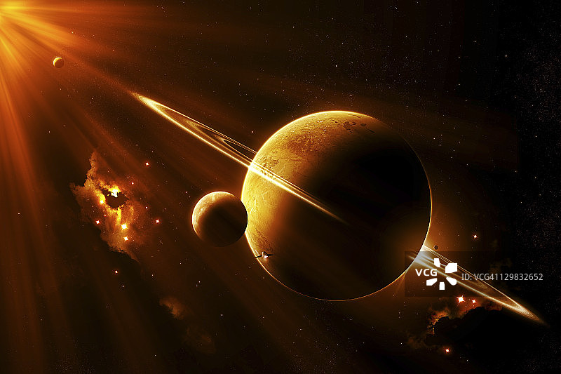 一艘外星飞船接近位于两个明亮太阳之间的一个尘土飞扬、贫瘠的世界。图片素材